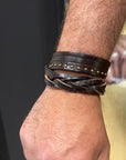 Bracciale treccia e borchie doppio giro in vero cuoio testa di moro