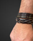Bracciale treccia e borchie doppio giro in vero cuoio testa di moro