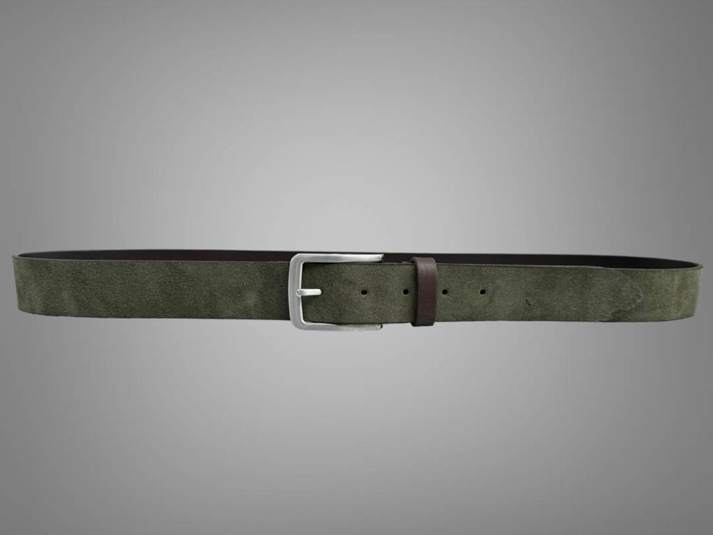 Cintura 035mm camoscio in pelle  verde militare  con inserti in cuoio