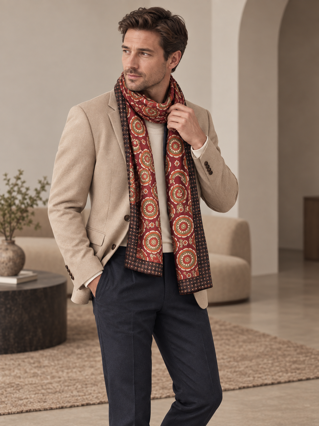 Sciarpa doppia faccia sc-26-50 indossata con giacca beige