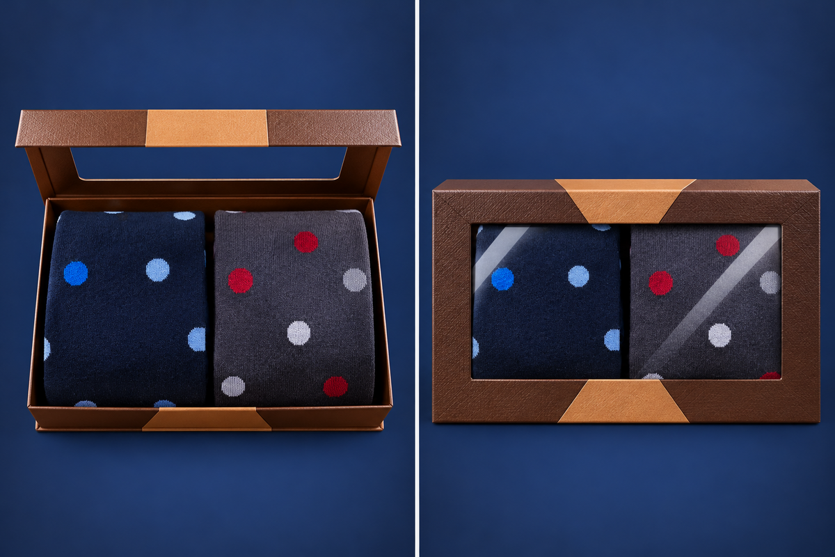 Confezione regalo di due paia di calzini a pois, scatola aperta e chiusa