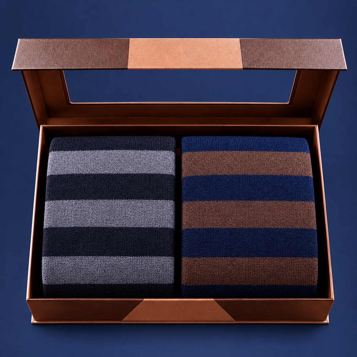 Confezione regalo aperta calzini Vicoliventi CL26-38 CL26-40 a righe larghe, grigio e blu, marrone e blu